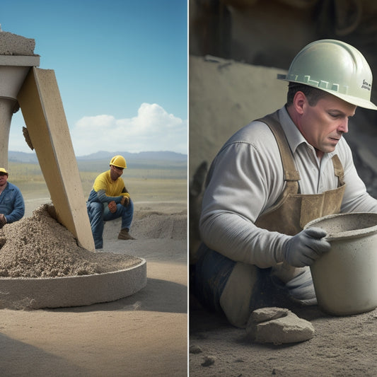 A split-screen image: a crumbling, cracked concrete foundation on the left, and a sturdy, smooth foundation with a mixer and construction hats in the background on the right.