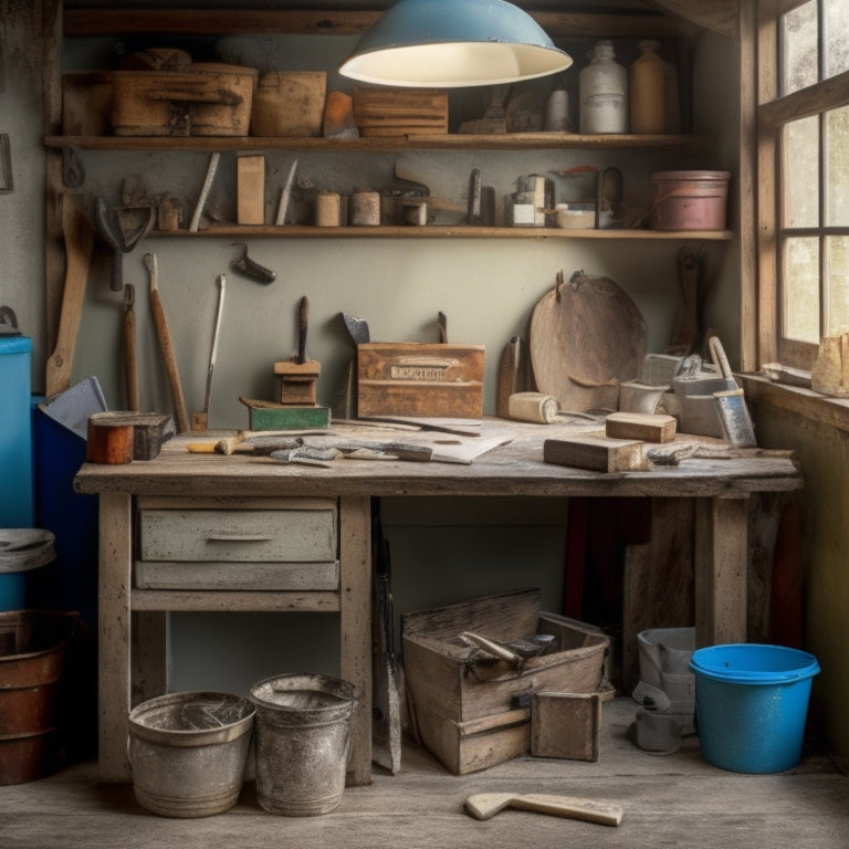 A cluttered, yet organized, workbench with a vintage ladder, worn wooden toolbox, and assorted renovation tools, including a putty knife, trowel, and sandpaper, surrounded by scraps of white plaster.