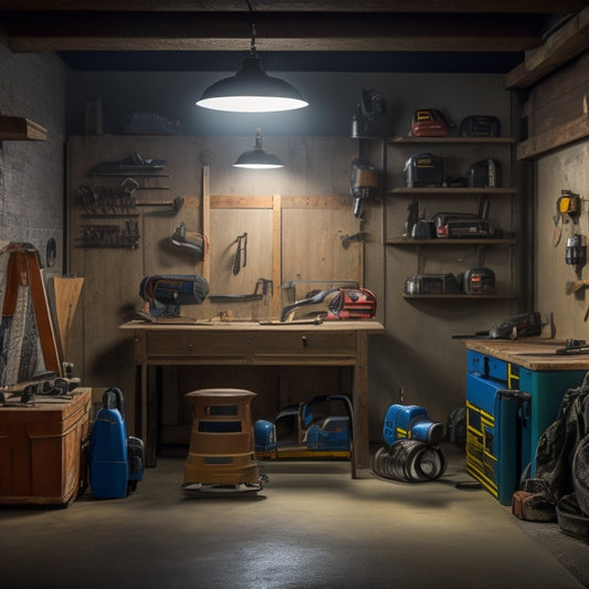 A dimly lit garage with a workbench in the center, surrounded by various power tools such as a cordless drill, impact driver, circular saw, and jigsaw, with a faint renovation blueprint on the wall.