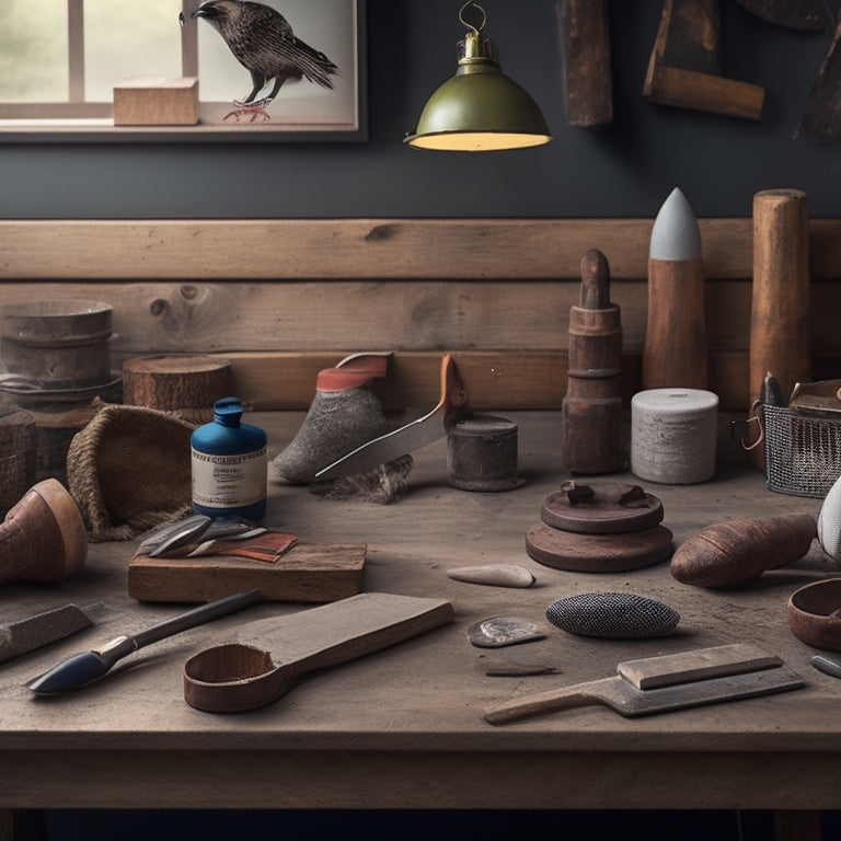 An organized workspace with a variety of plastering tools, including a hawk, trowel, joint knife, and float, arranged on a wooden workbench against a rustic, gray-toned background.