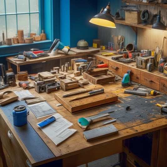 A cluttered but organized workshop table with a variety of tools, including a cordless drill, level, tape measure, and hammer, surrounded by renovation plans, blueprints, and scattered building materials.