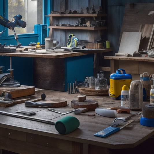 A tidy workshop table with various finishing tools, including a cordless drill, sandpaper, a putty knife, and a level, arranged neatly alongside a half-finished woodworking project with a smooth, sanded surface.