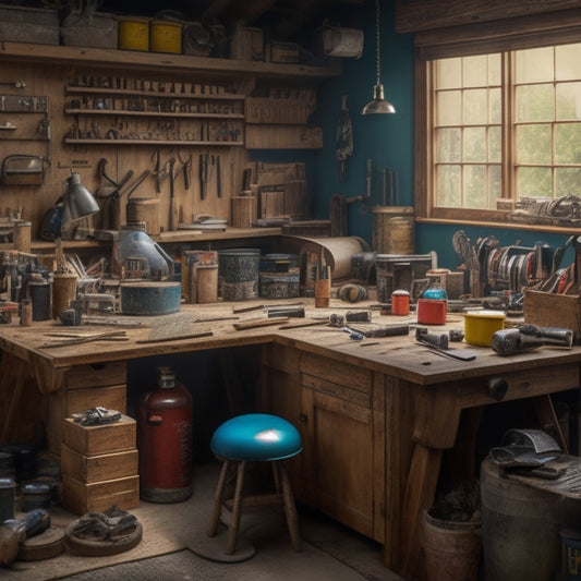 A cluttered but organized DIY workspace with a wooden workbench, essential power tools, and scattered renovation materials like hammers, drills, pipes, and paint cans in the background.
