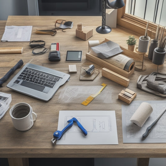 A modern, well-organized workspace with a large wooden desk, surrounded by rolled blueprints, a tablet with a 3D home design, and various renovation tools, including a level, hammer, and tape measure.