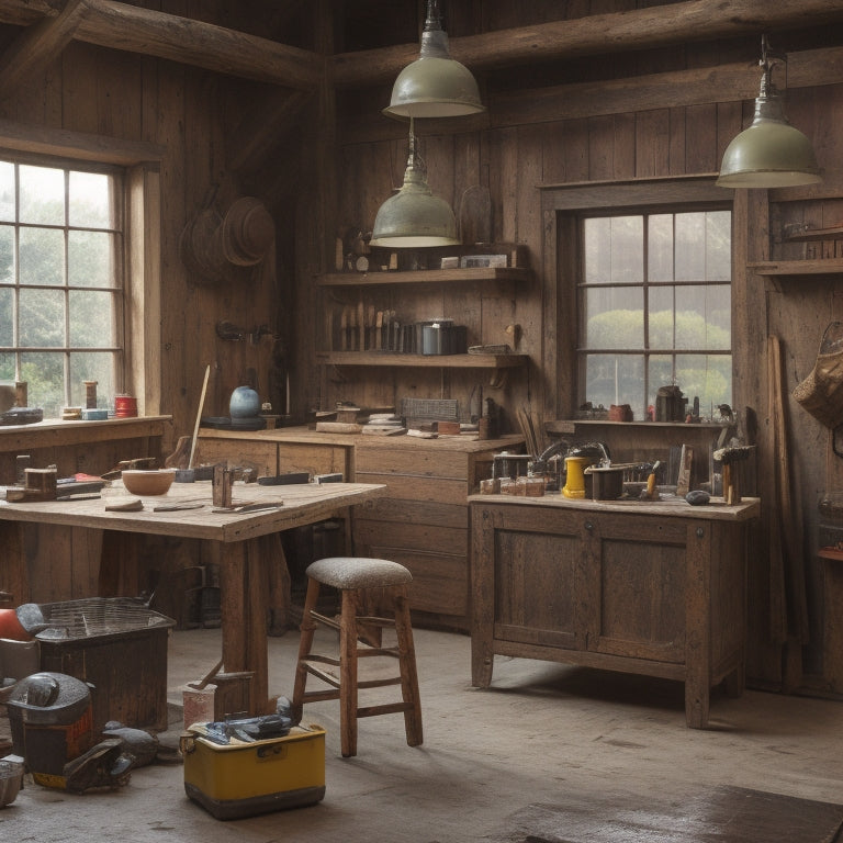 A beautifully styled workshop with a wooden workbench, surrounded by various renovation tools, including a cordless drill, level, tape measure, and a bucket of paint, with a renovated room in the background.