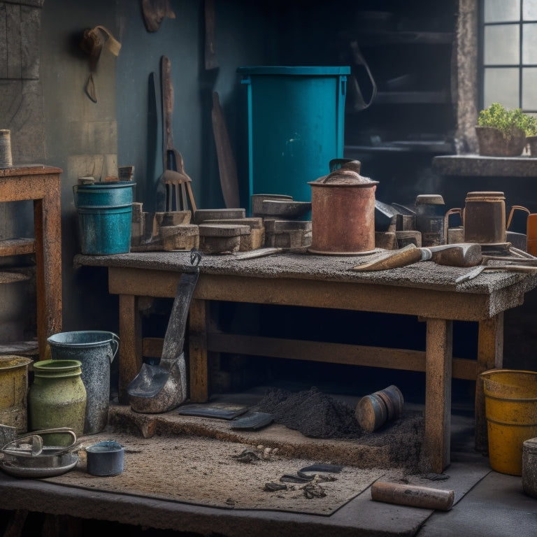A cluttered workbench with a worn, wooden-handled cinder block trowel centered, surrounded by scattered cinder blocks, mortar-stained mixing bucket, and scattered renovation tools in a dimly lit, rustic background.