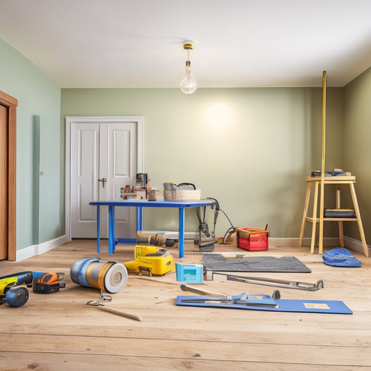 A bright, modern room with a half-installed hardwood floor, surrounded by scattered tools, including a spirit level, tape measure, and cordless drill, amidst a backdrop of renovation chaos.