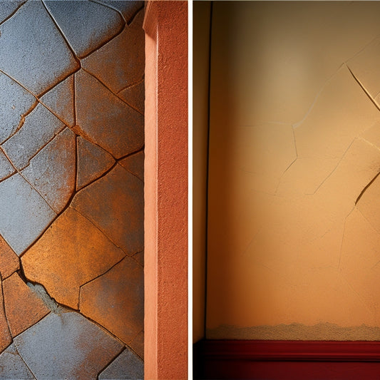 A split-screen image featuring a cracked wall on the left, with a spider web of thin cracks and crumbling plaster, and a repaired wall on the right, with a seamless finish and a faint outline of a repaired area.