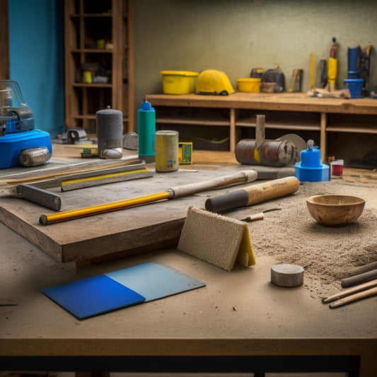 A cluttered workshop table with various concrete screed tools scattered around, including a spirit level, tamping tool, screed board, and edger, with a blurred background of renovation materials.