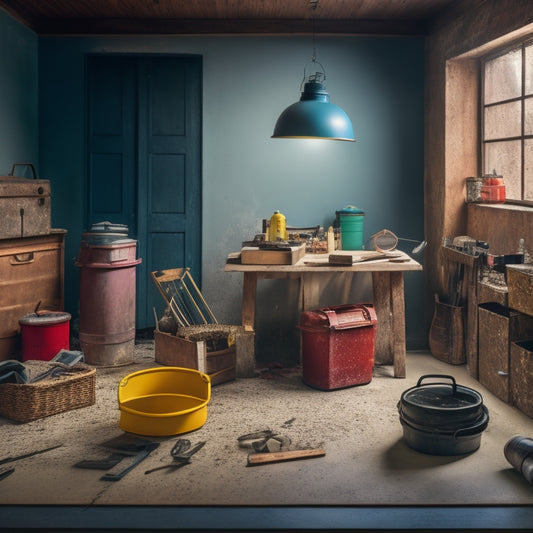 A cluttered home renovation workspace with a cracked concrete wall or floor in the background, and a toolbox or bucket in the foreground containing various repair materials and tools.