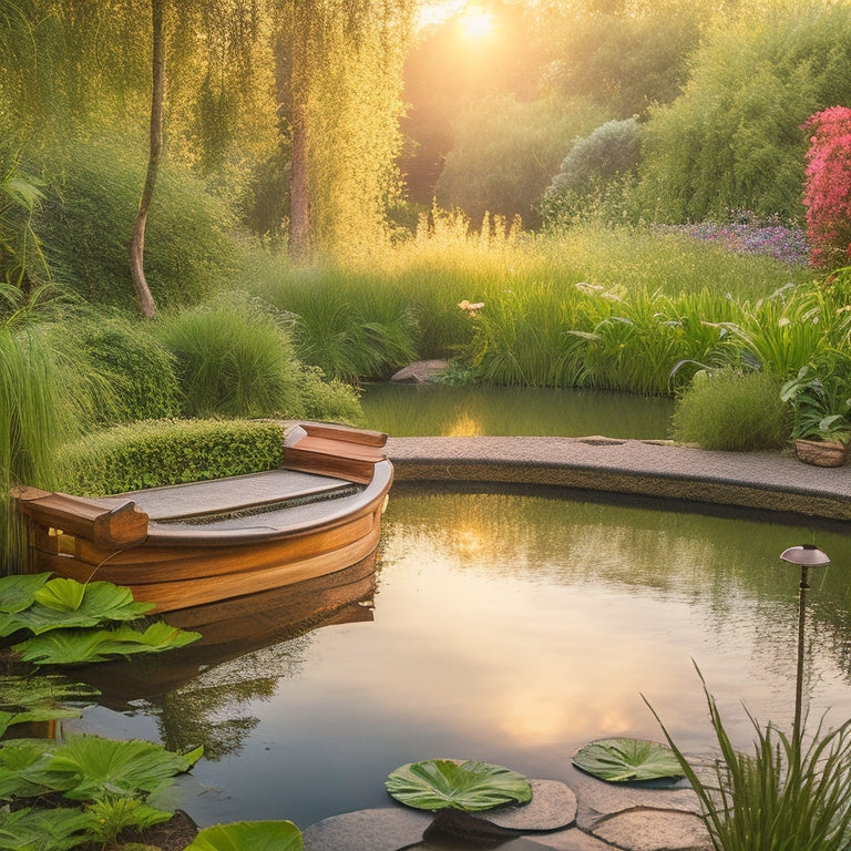A serene backyard with a refurbished patio, featuring a small pond with a few water lilies, surrounded by lush greenery, a hammock, and a DIY wooden bench amidst a subtle sunset glow.