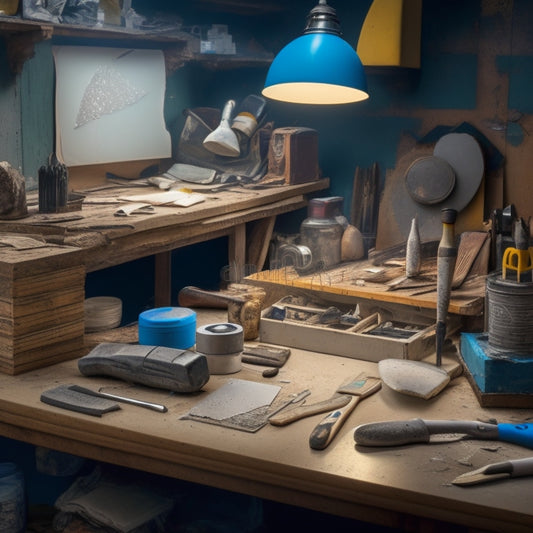 A cluttered workstation with various plasterboard finishing tools scattered around, including a joint knife, taping knife, putty knife, sanding block, and drill bits, surrounded by patches of joint compound and dust.