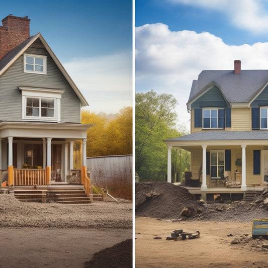 A split-screen image featuring a renovated house with a crumbling foundation on the left, surrounded by construction hazards, and a sturdy, well-maintained house on the right, with a city inspector's checklist in the foreground.