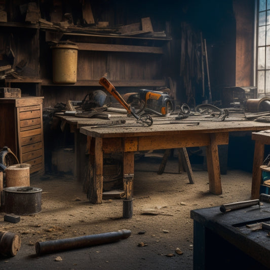 A cluttered workshop background with a central table featuring a sledgehammer, wrecking bar, pry bar, demolition hammer, and bolt cutters, surrounded by scattered wooden planks and rusty metal scraps.