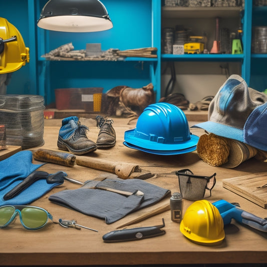 A clutter-free workshop with a variety of tools organized on a pegboard, a hard hat and safety goggles on a nearby table, and a person in the background wearing a dust mask and gloves.