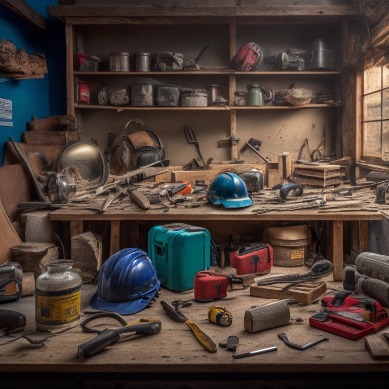 A cluttered DIY workshop with a wooden workbench, scattered power tools, and a background of half-demolished walls, featuring a prominent hard hat, safety goggles, earplugs, and a first-aid kit.