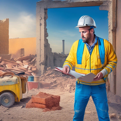 An illustration of a person in a hard hat and vest, holding a clipboard, standing in front of a half-demolished wall with exposed foundation, surrounded by scattered tools and construction materials.