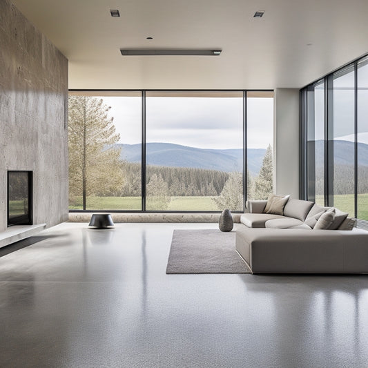 An image of a modern, sleek, and minimalist living room with polished concrete floors, a statement concrete wall with a natural stone finish, and a floor-to-ceiling window with a scenic outdoor view.