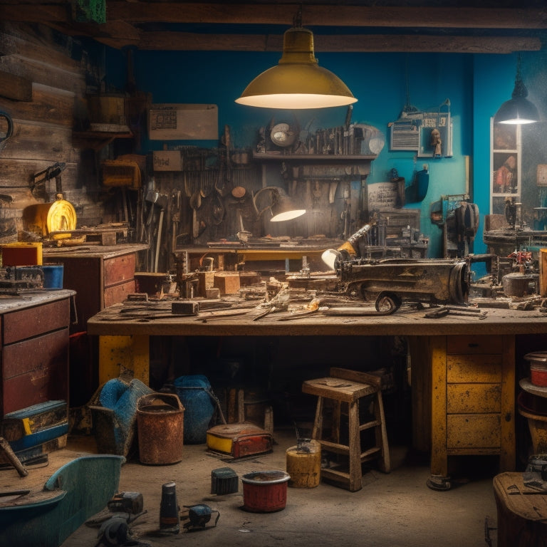 A cluttered workshop with a mix of old and new tools scattered on a workbench, surrounded by half-finished renovation projects, with a spotlight shining on a cordless drill, impact driver, and circular saw.