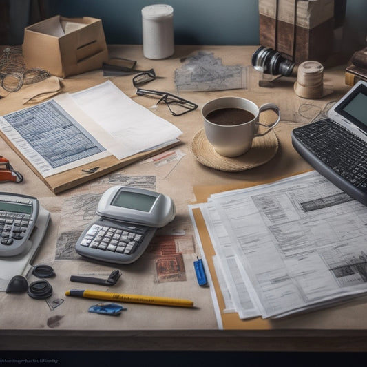 A cluttered renovation workspace with scattered papers, blueprints, and calculators, contrasted with a clean and organized digital tablet displaying a budgeting software interface with renovation cost breakdowns.