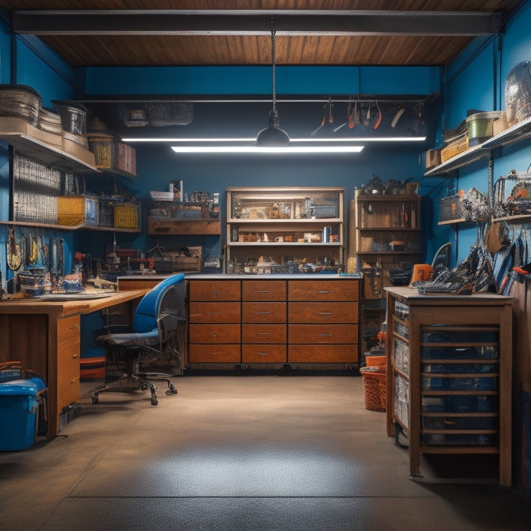 A cluttered garage with tools scattered on the floor, surrounded by old cabinets and dim lighting, transforming into a modern, organized space with sleek shelves, epoxy-coated floors, and bright LED lights.