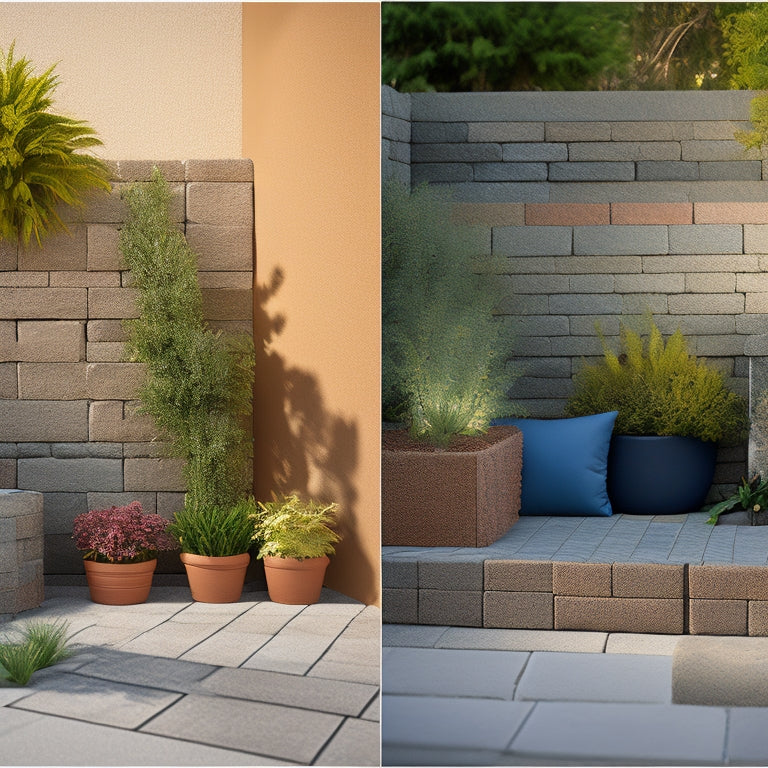 An illustration of a cinder block wall transformation, depicting 5 stages: bare blocks, painted, with plants, with decorative stones, and finally, with a completed outdoor seating area.