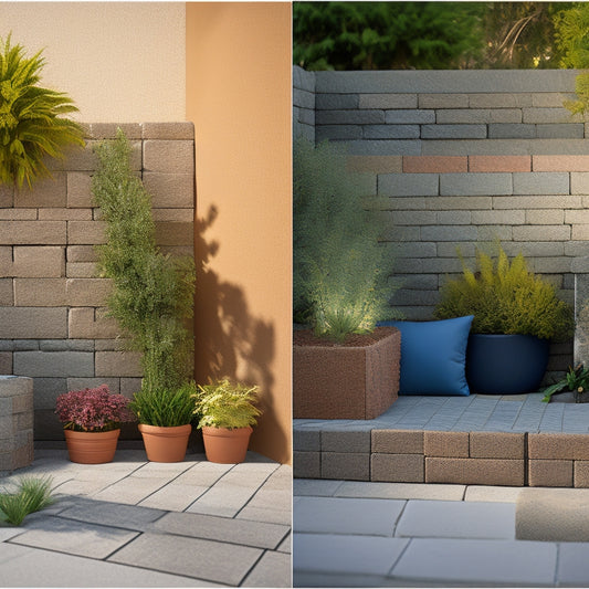 An illustration of a cinder block wall transformation, depicting 5 stages: bare blocks, painted, with plants, with decorative stones, and finally, with a completed outdoor seating area.