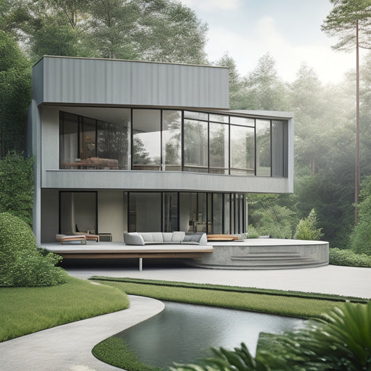 A modern concrete home with large windows, cantilevered rooflines, and a curved exterior staircase, set amidst lush greenery and surrounded by sleek, minimalist outdoor furniture.