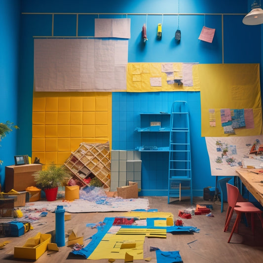 A blueprint or floor plan of a room with renovation elements, such as torn-out walls, scattered tools, and a ladder, surrounded by colorful sticky notes and strings connecting them to form a network.