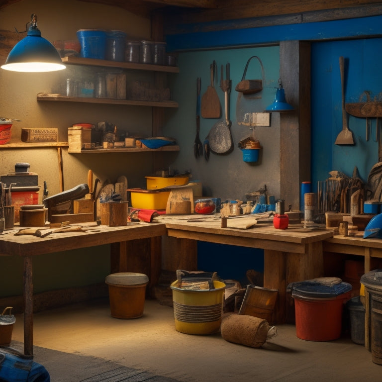 A well-lit workshop with a variety of plastering tools and supplies, including trowels, buckets, sandpaper, and joint compound, arranged neatly on a workbench and shelves.