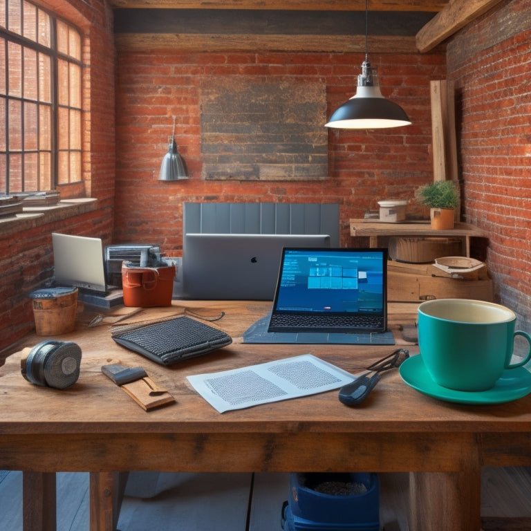 A tidy, organized workspace with a laptop, blueprints, and a cup of coffee, surrounded by construction tools and a faint background of a renovating room with exposed brick and wooden beams.