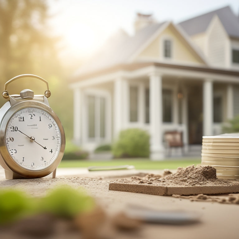 A stopwatch or timer surrounded by exterior renovation elements like blueprints, hammers, and paint swatches, set against a blurred background of a house under construction.