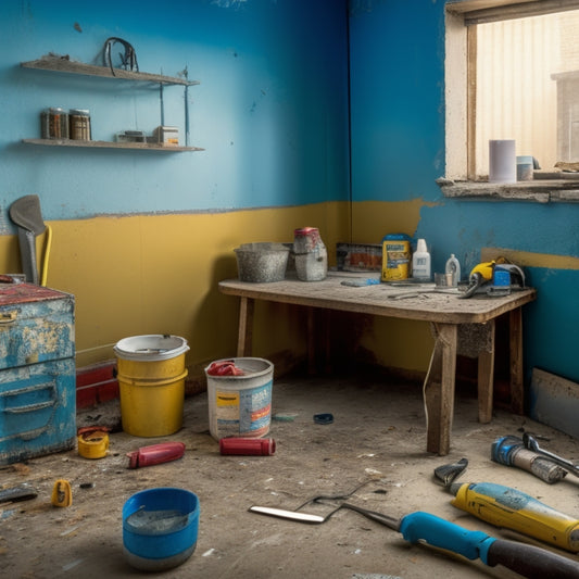 A messy, partially renovated room with a cracked wall in the background, a toolbox and various crack repair tools scattered in the foreground, including a caulk gun, putty knife, and wire brush.