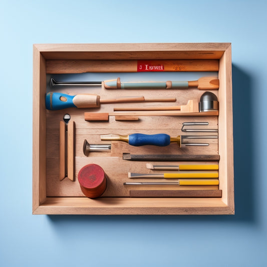 A neatly organized, open-top, wooden toolbox filled with assorted block wall tools, including a level, trowel, and jointer, set against a clean, white background with subtle shadows.