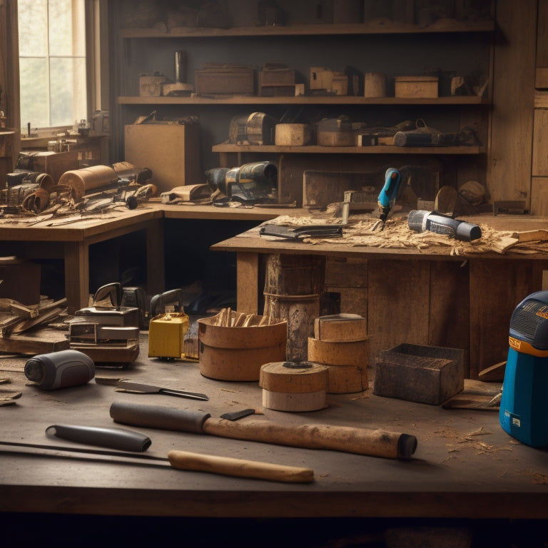 A cluttered workbench with various cutting tools scattered around, including a cordless reciprocating saw, a miter saw, and a jigsaw, surrounded by wood shavings and half-cut lumber.