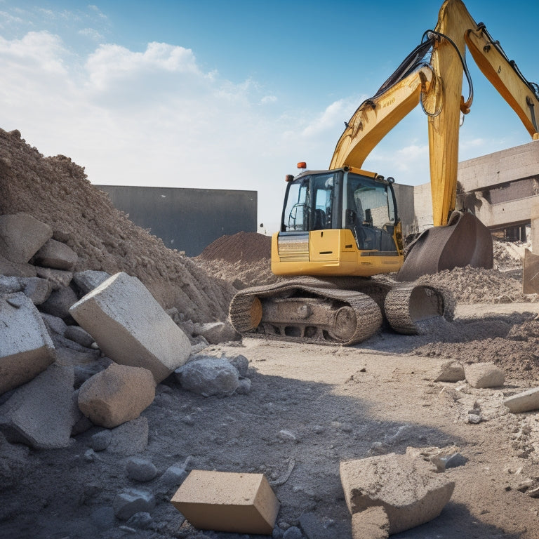 An image of a cluttered construction site with broken concrete slabs, scattered tools, and a dumpster in the background, with a excavator's claw grasping a chunk of concrete rubble.