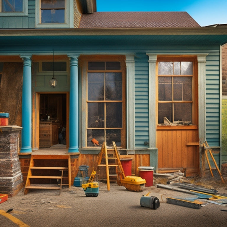 An exterior renovation scene with a mix of old and new elements: a worn, weathered facade, a demolished section, new windows, and a contractor's tools, surrounded by scattered blueprints and measuring tapes.