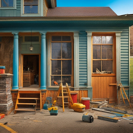 An exterior renovation scene with a mix of old and new elements: a worn, weathered facade, a demolished section, new windows, and a contractor's tools, surrounded by scattered blueprints and measuring tapes.