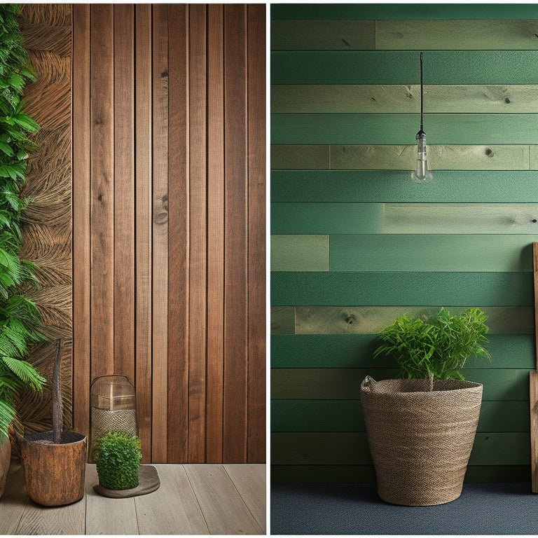 A split-screen image of a traditional drywall installation next to a reclaimed wood accent wall, with a living green wall in the background, showcasing eco-friendly materials and textures.