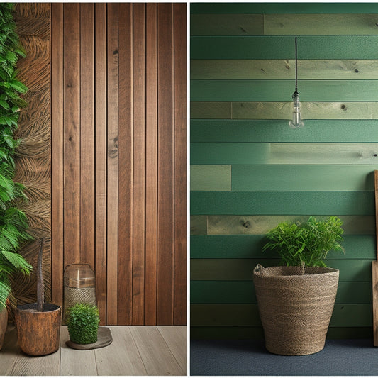 A split-screen image of a traditional drywall installation next to a reclaimed wood accent wall, with a living green wall in the background, showcasing eco-friendly materials and textures.