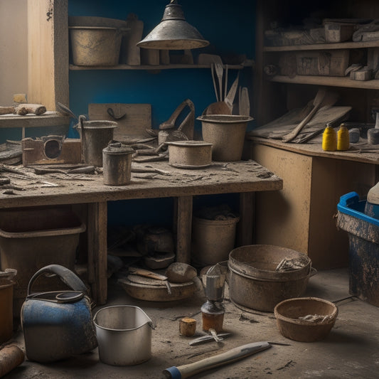 A cluttered but organized workbench with various plastering tools and accessories, including a mixing bucket, trowels, joint knives, and a level, surrounded by scattered plaster dust and debris.