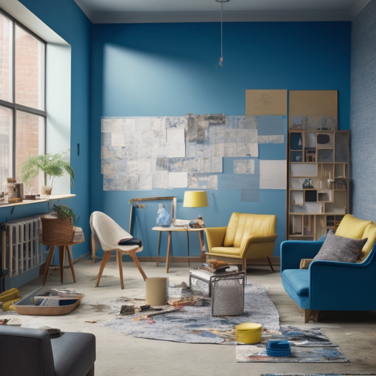 A tidy, modern living room with a partially demolished wall, scattered renovation tools, and a large calendar on an easel, marked with colorful stickers and notes, surrounded by architectural blueprints.
