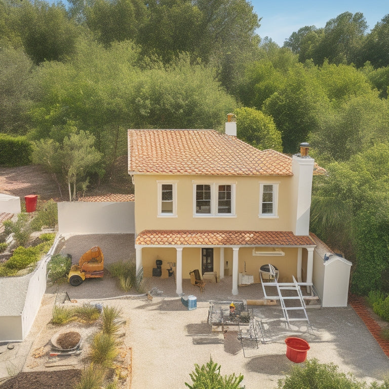 Aerial view of a renovated exterior stucco house with scaffolding, ladders, and various tools scattered around, including a mortar mixer, trowels, and buckets, amidst a backdrop of lush greenery and sunny sky.