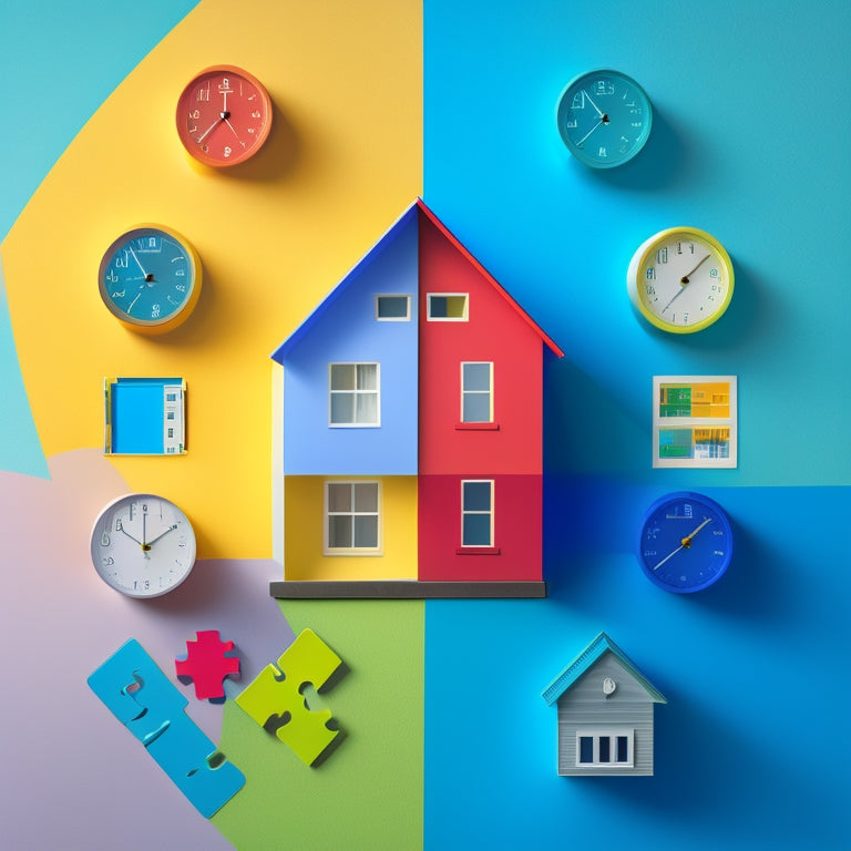 A minimalist illustration of a house with puzzle pieces fitting together seamlessly, surrounded by organized folders, color-coded charts, and a clock in the background, symbolizing efficiency and timely project management.