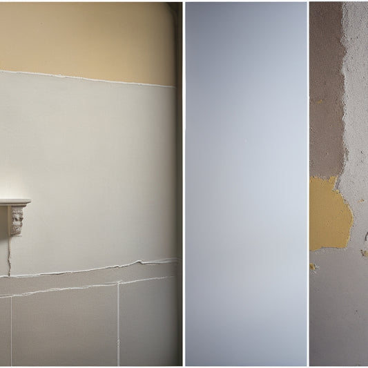 A before-and-after split-screen image of a cracked, yellowed plaster wall transformed into a smooth, white surface with a subtle texture, showcasing various repair tools and materials in the foreground.