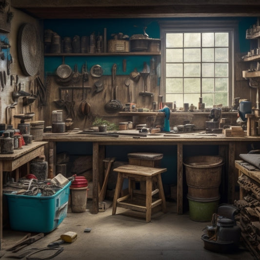 A cluttered but organized DIY workshop with a wooden workbench, power tools, and renovation materials like tiles, paint cans, and lumber, set against a backdrop of a partially renovated room.