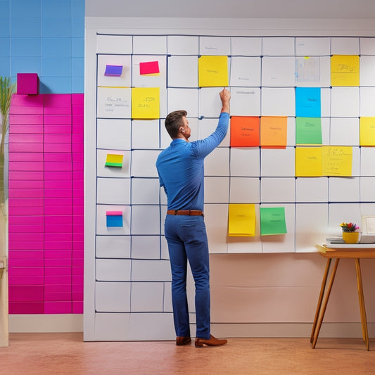 An illustration of a person standing in front of a partially renovated room with a large calendar or whiteboard in the background, filled with colorful sticky notes and arrows connecting tasks in a logical sequence.