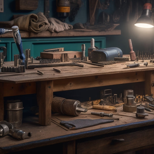 A cluttered workshop bench with various drilling bits, drivers, and DIY renovation tools scattered around a half-drilled wooden plank, with a cordless drill lying on its side.