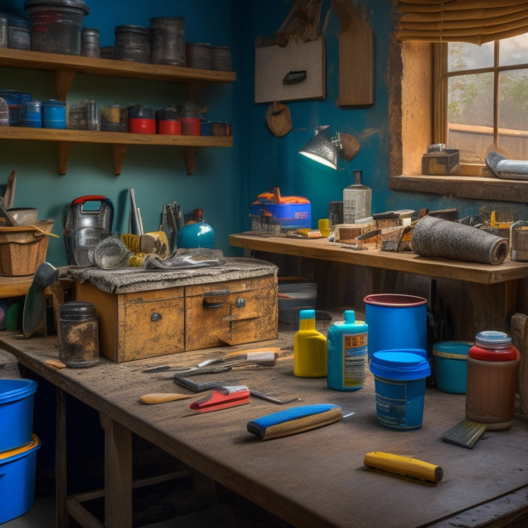 A cluttered workbench with various tools and materials for crack repair and finish renovation, including a putty knife, caulk gun, sandpaper, and a can of spackling compound, amidst a backdrop of renovated walls and floors.