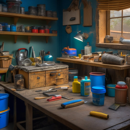 A cluttered workbench with various tools and materials for crack repair and finish renovation, including a putty knife, caulk gun, sandpaper, and a can of spackling compound, amidst a backdrop of renovated walls and floors.